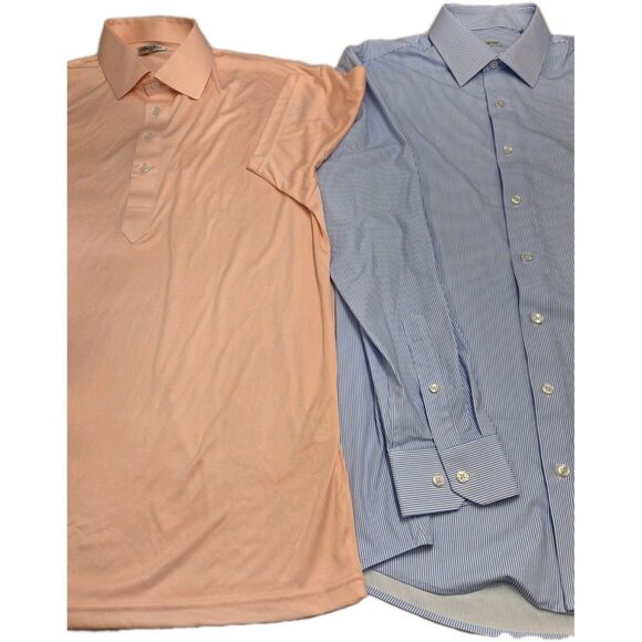 NWOT Collars & Co Mens L Shirt Bundle Defect Pink Polo + Blue Stripe Button Down - Picture 2 of 9